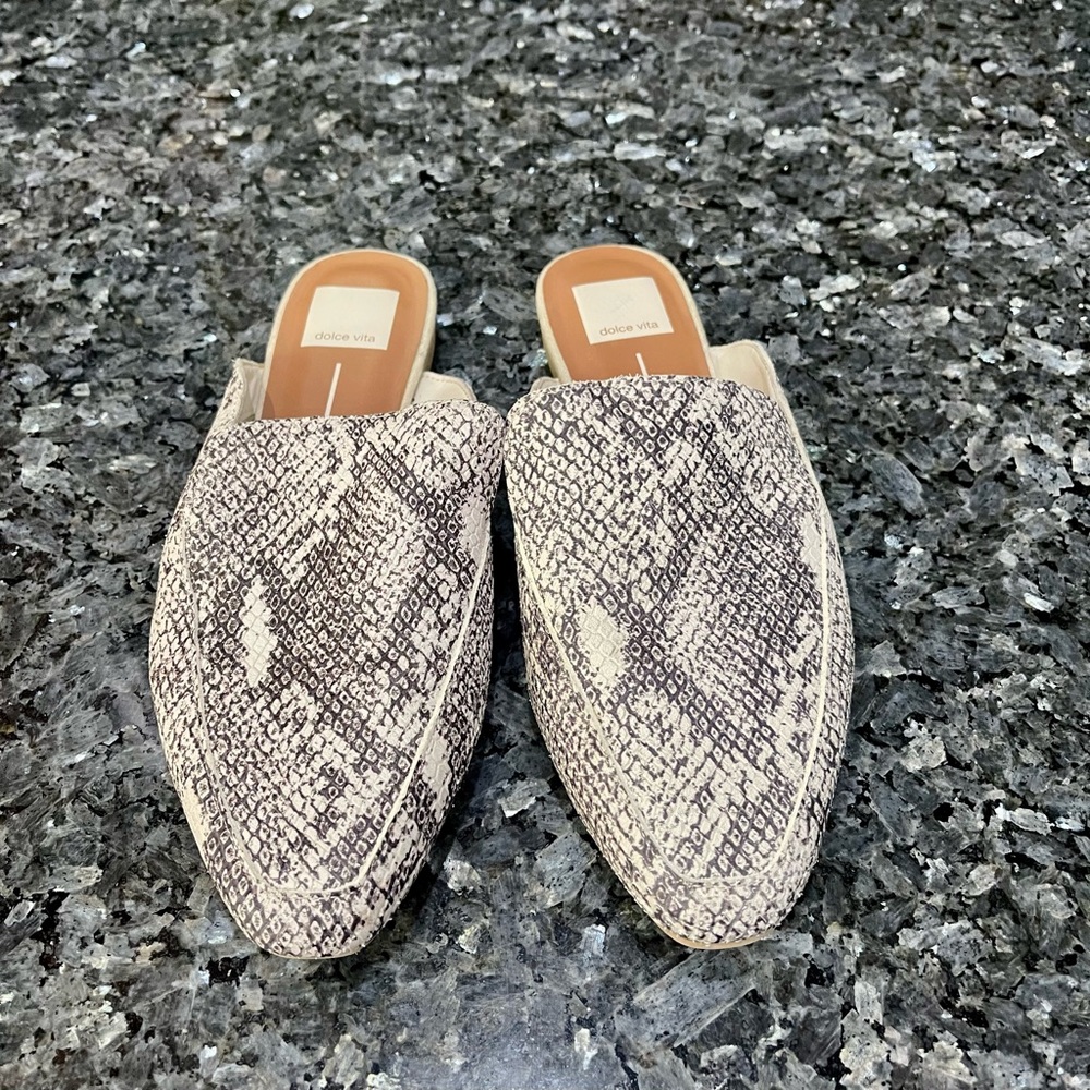 Dolce Vita Beige and Gray Snake-Print Mules
